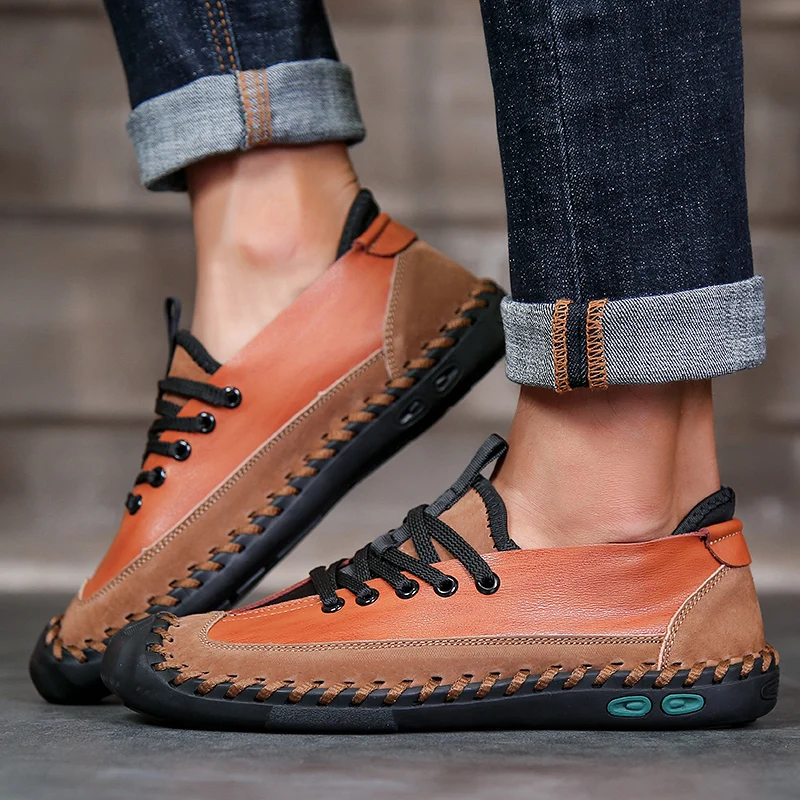 

Handmade Genuine Leather Mens Sneakers Walking Driving Breathable Footwear Comfortable Male Outdoor Leisure Shoes Big Size 48