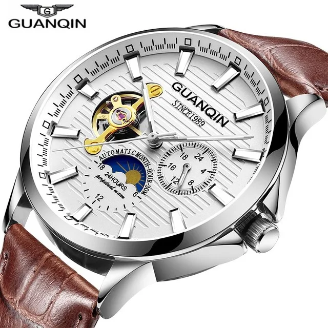 GUANQIN брендовые классические мужские модные часы автоматические механические часы с турбийоном из натуральной кожи водонепроницаемые деловые наручные часы - Цвет: B