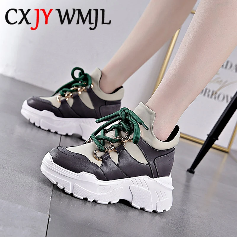 

Women Spring Cowhide Platform Sneakers Fashion Chunky Shoes Female Black Lace Up Thick Bottom Vulcanized Shoe Tennis Platform 8.
