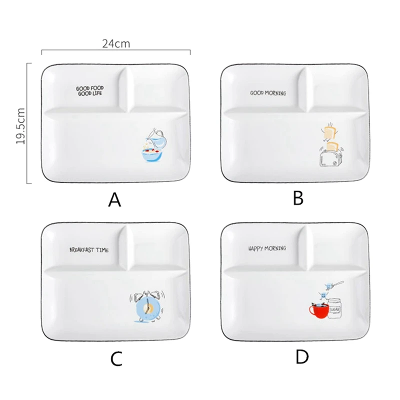 Ceramic Fruit Snack Plate Rectangular Divider Three Grid Food Container Fast Food Tray Household Tableware Children's Plate