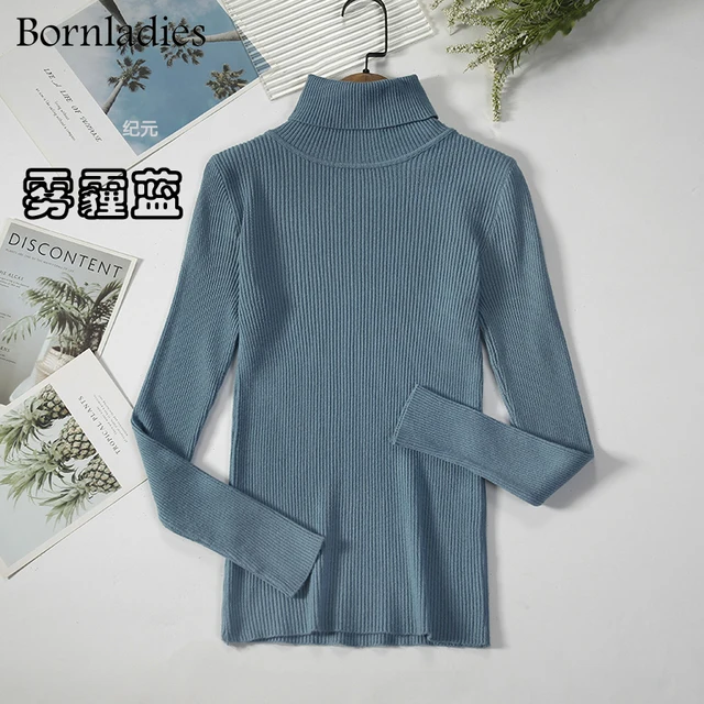 Bornladies 2021 Basic Turtleneck Women Sweaters Autumn Winter Tops Slim Women Pullover Knitted Sweater Jumper Soft Warm Pull Haze blue