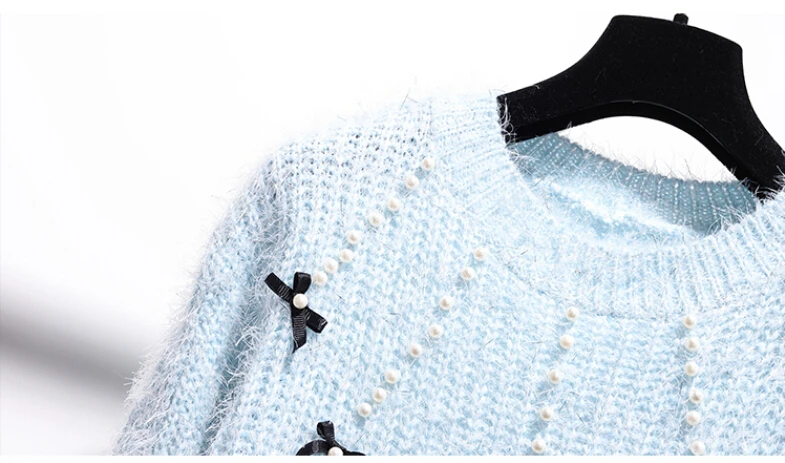 Женское новый осенне-зимний комплект из двух предметов для женщин, элегантный вязаный свитер с бусинами и бантом + твидовая клетчатая юбка