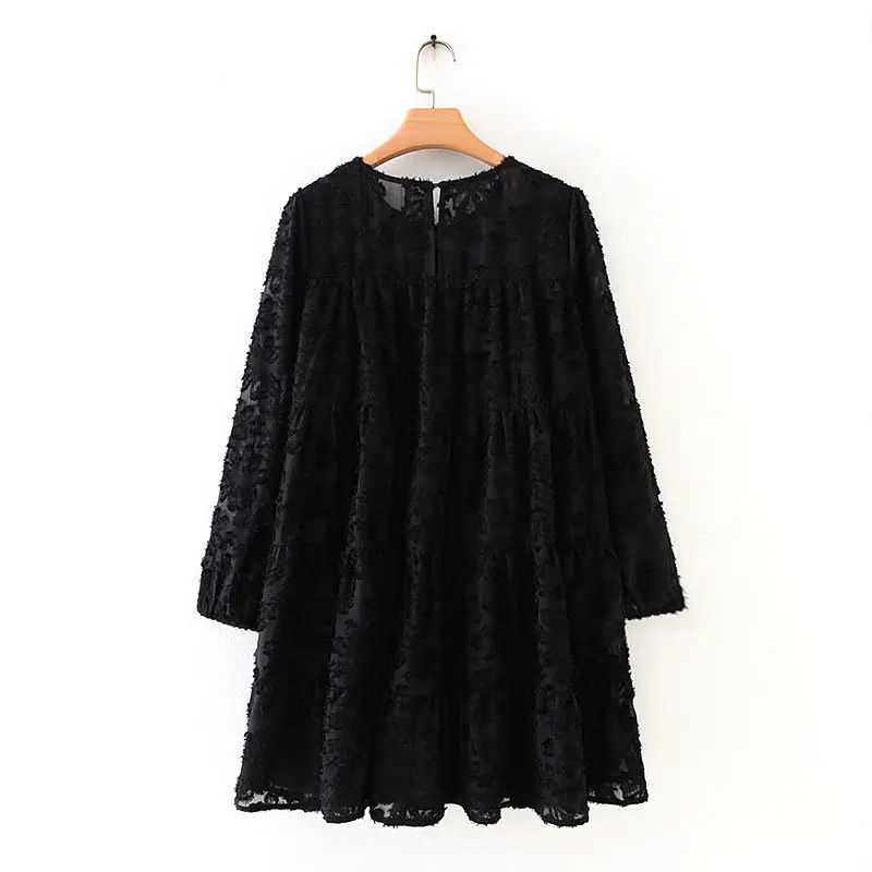 Women high street texture pattern black casual loose mini Dress autumn ladies lantern sleeve vestidos chic ruffle Dresses DS2950 Women high street texture pattern black casual loose mini Dress autumn ladies lantern sleeve vestidos chic ruffle Dresses DS2950