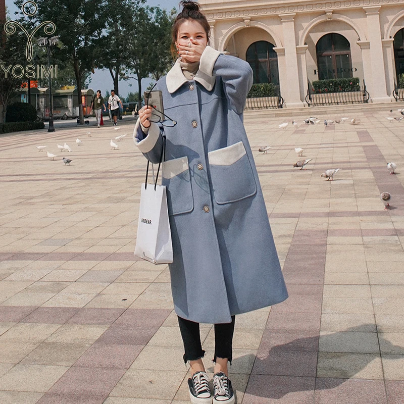

YOSIMI Wool Coat Large Size Long Woolen Jackets 2020 Autumn Winter Full Sleeve Turn-down Collar Wide-waisted Blue Women Coats