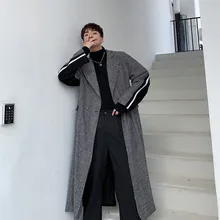 Мужская винтажная уличная мода хип-бедра плед Сращивание свободный длинный шерстяной плащ мужской ветровка Куртка Верхняя одежда