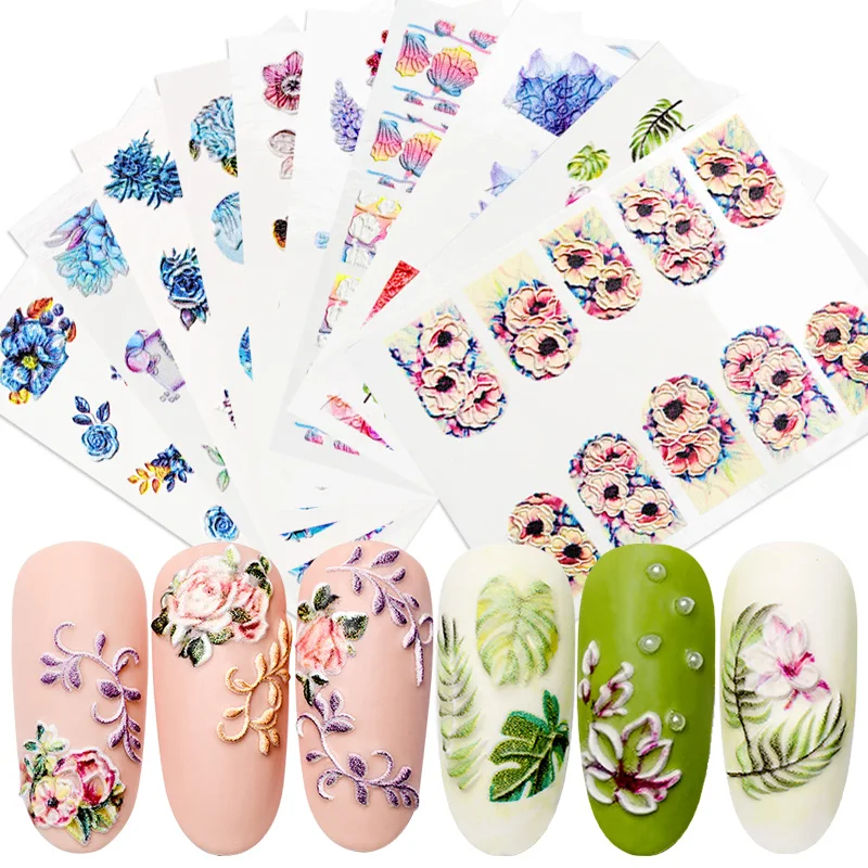 

FOUR LILY 3D Acrylic Engraved Flower Nail Sticker Embossed Wave Nail Water Decals Empaistic Nail Slide Nail Art Decorations Tool