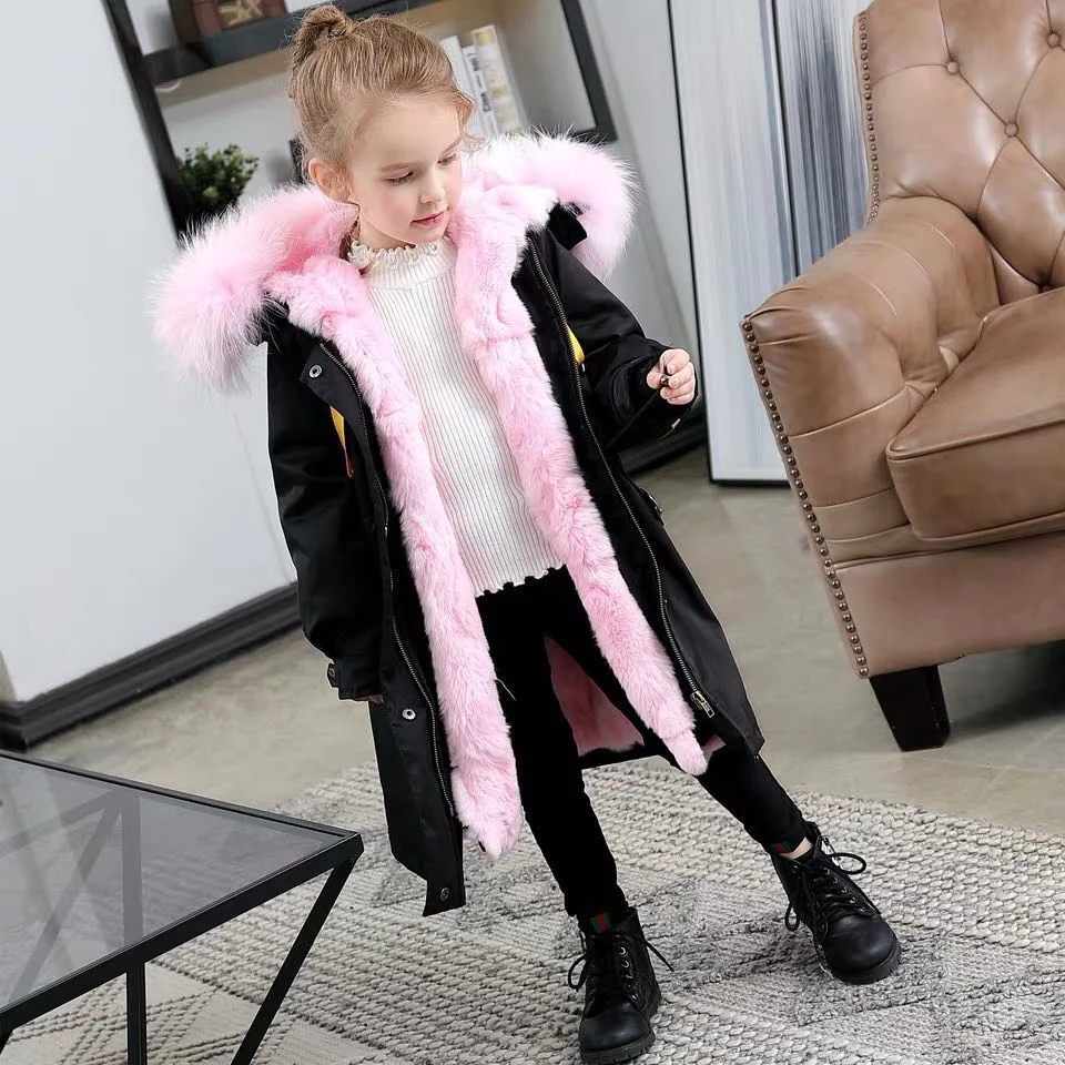 Новинка года; зимние меховые куртки для мальчиков и девочек плотное длинное пальто с натуральным кроличьим мехом; детская верхняя одежда; теплая детская парка с рукавами; TZ343 - Цвет: Black Pink B