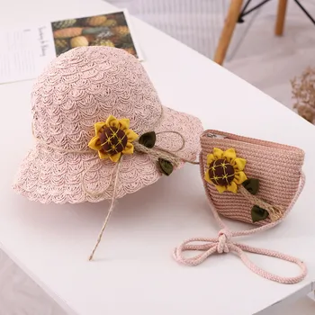 

2 PCS Set Cute Pink Princess Sun-proof Fisherman Hat Child Beach Travel Caps Sunflower Handmade Straw Hats Child UV Protect Caps