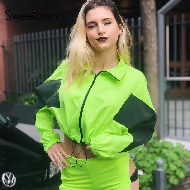 price reduction Sweetown Neon Color Bomber Jacket Women Casual Contrast Color Jackets Coats Long Sleeve Turtleneck