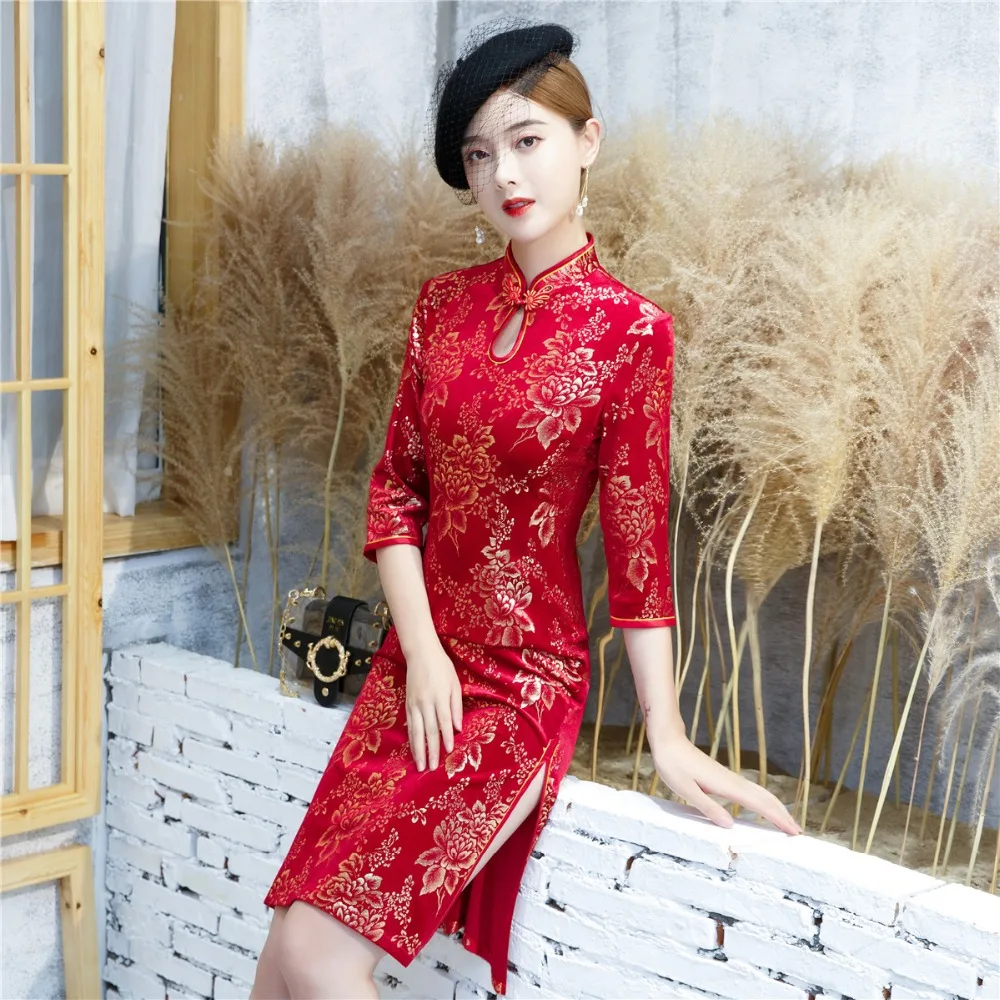 Shanghai Story 2019 осень зима Cheongsam 3/4 рукав до колена вельветовое китайское платье Ципао