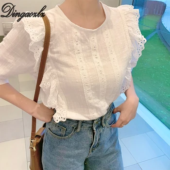 

Dingaozlz Summer New Korean Women clothing Loose Casual Ruffles lace blouse shirt Short sleeve Hollow out White Tops