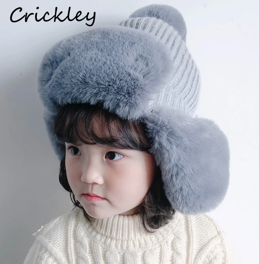 

1-5 Years Kids Ushanka Hat Cotton Knitting Plush Caps for Boys Girls Solid Soft Warm Winter Earflap Windproof Children Cap