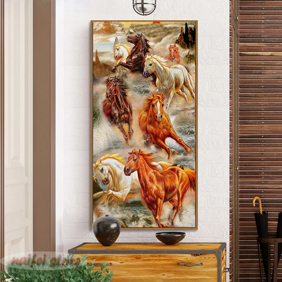 Round Diamonds Embroidered Eight Horses Picture Porch Vertical Living Room diamond cross stitch (1)