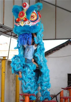 

Chinese Folk Art Lion Dance Mascot Costume Blue Wool Southern Lion For Two Adults Clothing Advertising Carnival Halloween Parade