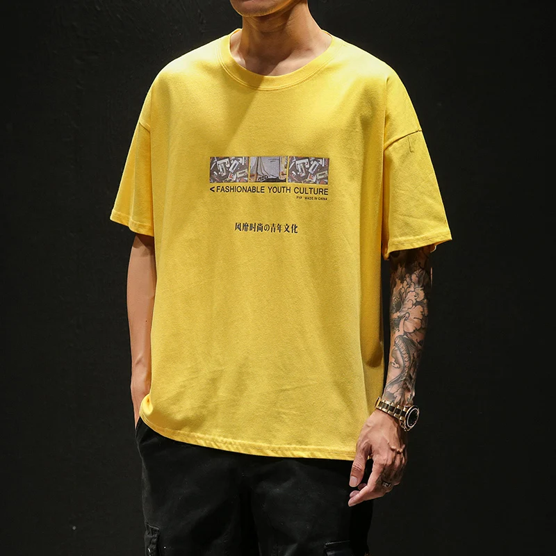 

2019 Summer Men's New Casual Letter Pattern Printing Short-sleeved Round Neck T Shirt Loose Temperament Trend Cotton Tshirt