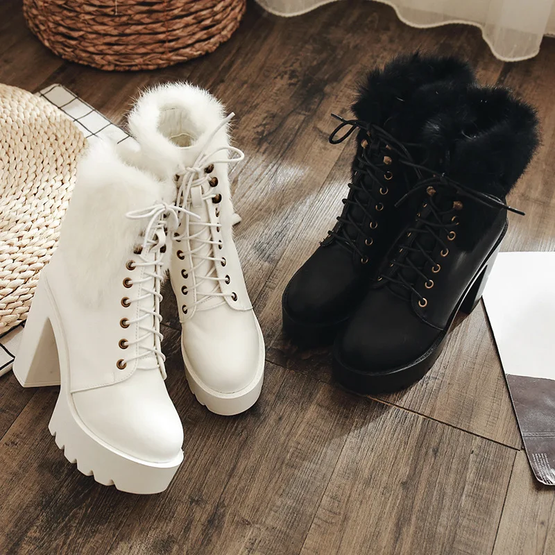 

Clogs Platform Plush Lace Up Boots Shoes Chunky Heel Bootee Woman 2019 Luxury Designer Martins For Women Low Heels booties