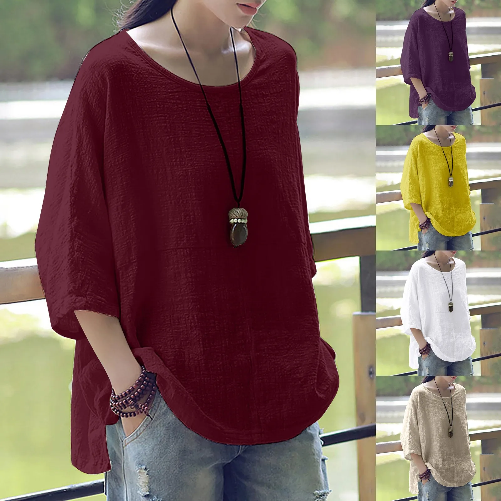 tshirt women 2021 Casual Solid Color Loose Cotton Linen Medium Sleeve Large Size Tops camisetas de mujer футболка женский 1