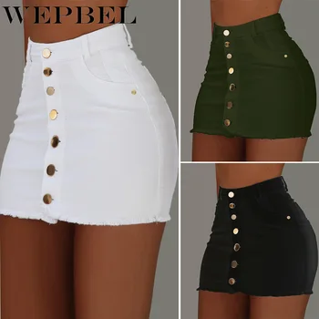 

WEPBEL Women's Fashion Short Skirt Solid Color Single-Breasted Denim Skirt Raw Edge High Waist Skirt Denim Skirt