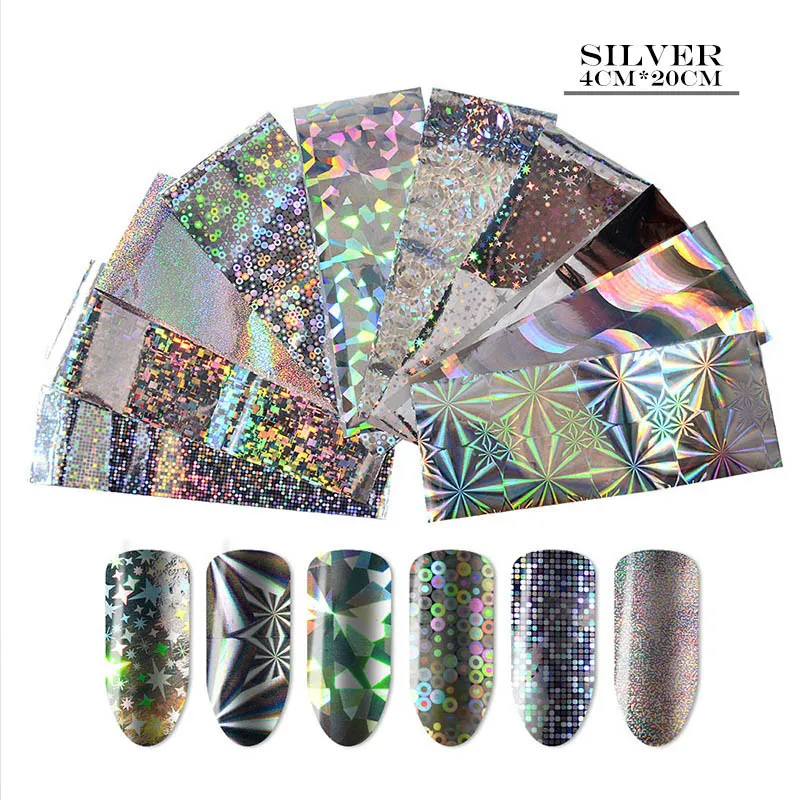10pcs silver Цветочная Фольга для ногтей, не липкий декор для ногтей, красочный лазер, Рождественский цветок, Золотая Серебряная фольга для ногтей - Цвет: 10pcs silver