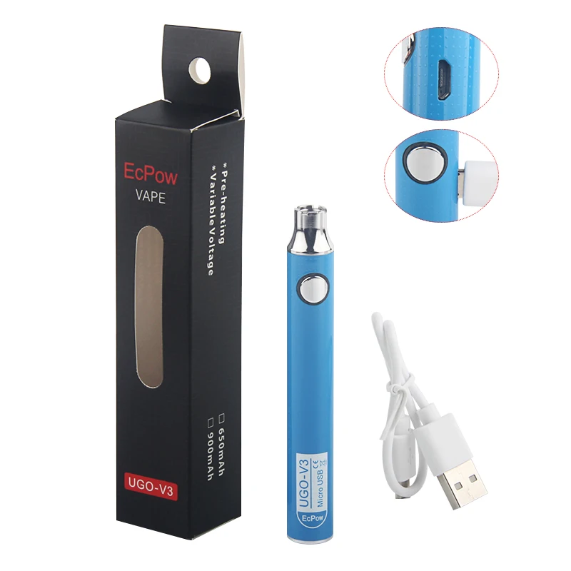 Синий 1 шт. UGO V3 510 аккумулятор с переменным напряжением микро USB перезаряжаемое эго Vape 650 900 мАч Evod VV ручка для подогрева - Цвет: Синий