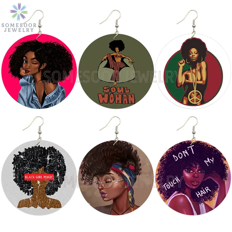 SOMESOOR Soul Женская Черная Девушка Волшебные африканские деревянные висячие серьги афро натуральный дизайн волос печатные деревянные украшения для женщин Подарки - Окраска металла: Mixed 6Pairs