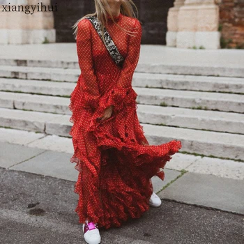 

Red Chiffon Party Dresses Women's Polka Dot Beach Club Long Dress Vestidos 2019 Spring Autumn Women's Elegant Dress with Bowknot