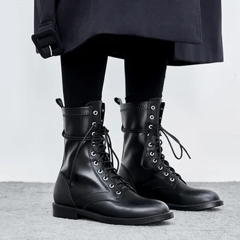 

SWYIVY Ankle Boots Women Autumn 2019 England Style Genuine Leather Casual Shoes Woman Motorcycle Boots Female Martin Boot Black