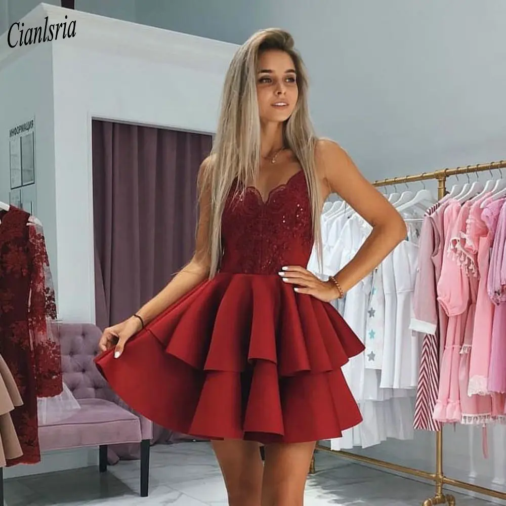 Dark Red V-neck Spaghetti Strap Tiered Skirt Mini Short Homecoming Dresses  Appliques Lace Sleeveless Cocktail Graduation Dress - Homecoming Dresses -  AliExpress