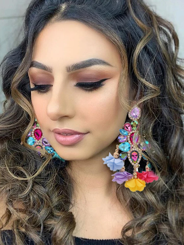 Boho Long Tassel Crystal Drop Earrings for Women