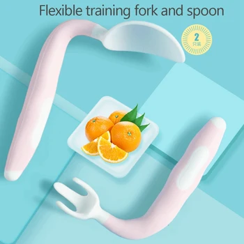 

Baby Feeding Spoon Fork Set Children Curved Handle Easy Grip Elbow Training Kit