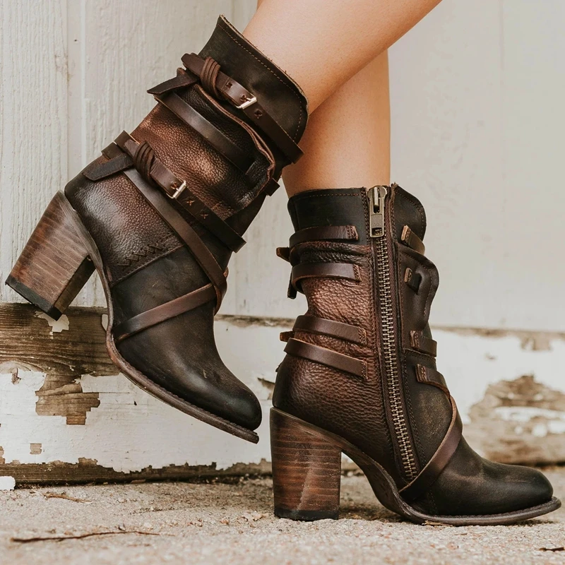 

MoneRffi 2019 Women Boots High-heeled Pointed Shoes Multi-layer Buckle Back Zipper Solid Color Retro Vintage Belt Buckles Boots