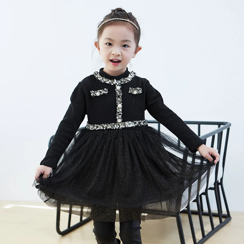 

WLG girls winter cute dresses kids velvet thick mesh patchwork dress baby girl party black clothes for 2-6 years