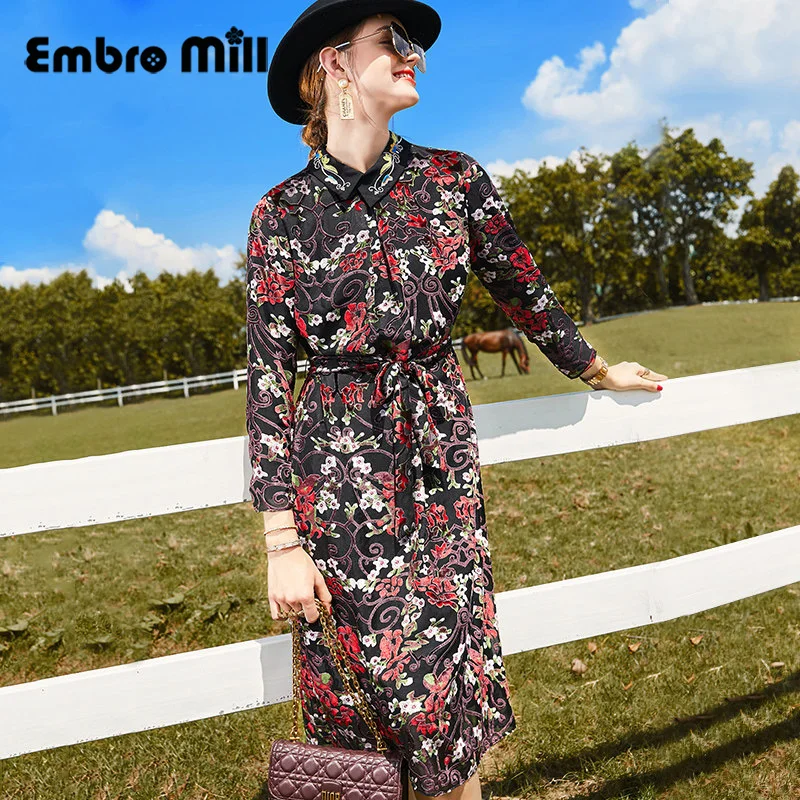 

Flocking Flower Shirt Dress Female New Autumn Vintage Style Small Square Collar Embroidered Mid-length A-line Dress S-XL