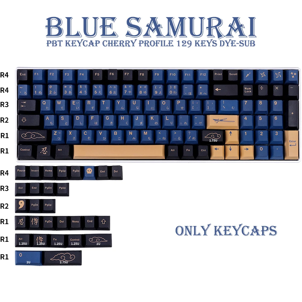 Bushido Blue Samurai Theme Keycap 129 Keys Cherry Profile PBT For