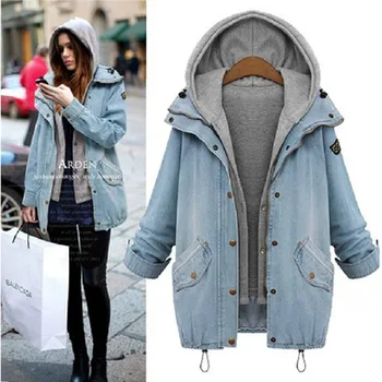

Plus Size Women's Denim Jeans Hoodie Hooded Long Coat Jacket Tops Parka Outwear
