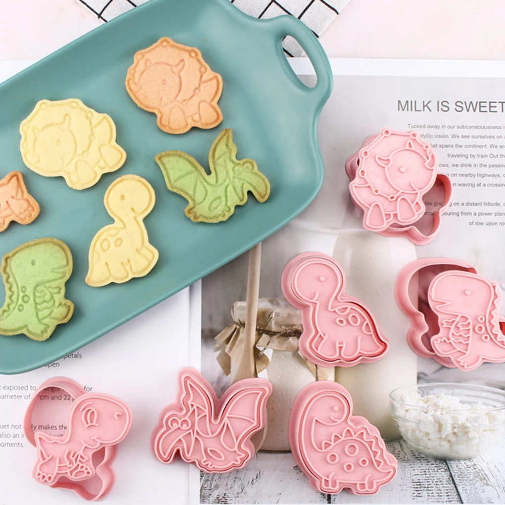 6Pcs/set Dinosaur Shape Cookie Cutters Plastic 3D Cartoon Pressable Biscuit Mold Stamp Kitchen Baking Pastry Bakeware | Дом и сад
