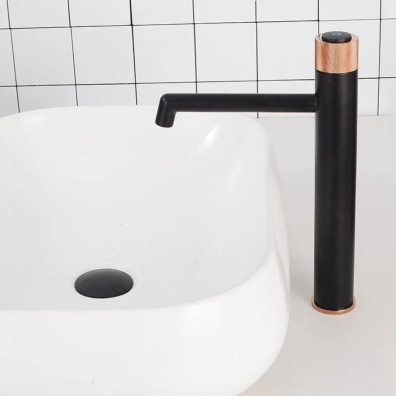 Matt Black+Rose Gold Knurling Press Handle Bathroom Basin Faucet Deck Mounted Hot And Cold Water Mixer Tap Tall Style and short