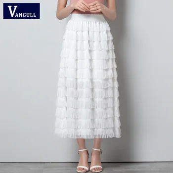 

Vangull Women Skirt Sweet Elegant Elastic Waist Skirt Summer New High Waist Plus Size Chiffon Solid fluffy Tassel A-line Skirt