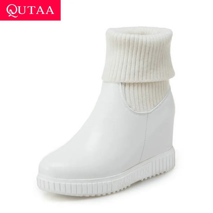 QUTAA Fashion Platform PU Leather Knitting Height Increasing Slip on Ankle Boots Round Toe Warm Fur Women Shoes Size 34-43