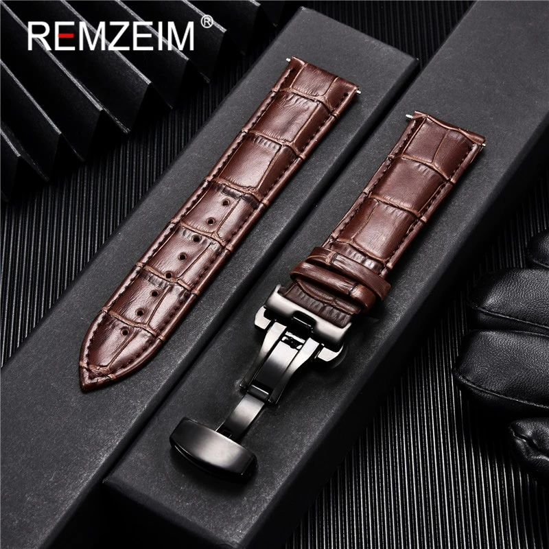 Embossed Genuine Leather Strap with Automatic Butterfly Buckle - Business Watchband