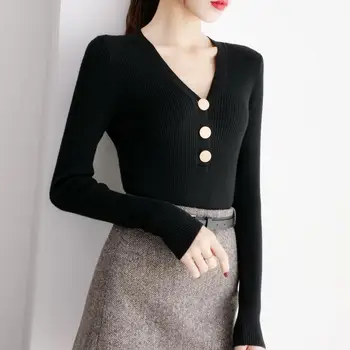 

JULY'S SMTWB 2020 Spring and Autumn V-neck Women's Sweaters Slim Long-sleeved Female Pullovers Female Bottoming Shirt Ladies Top