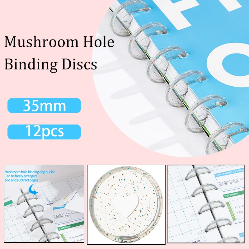 

35mm12pcs Mushroom Hole Binding Discs Heart Type Transparent Notebook Rings Binder DIY360 Degree Foldable School Office Supplies