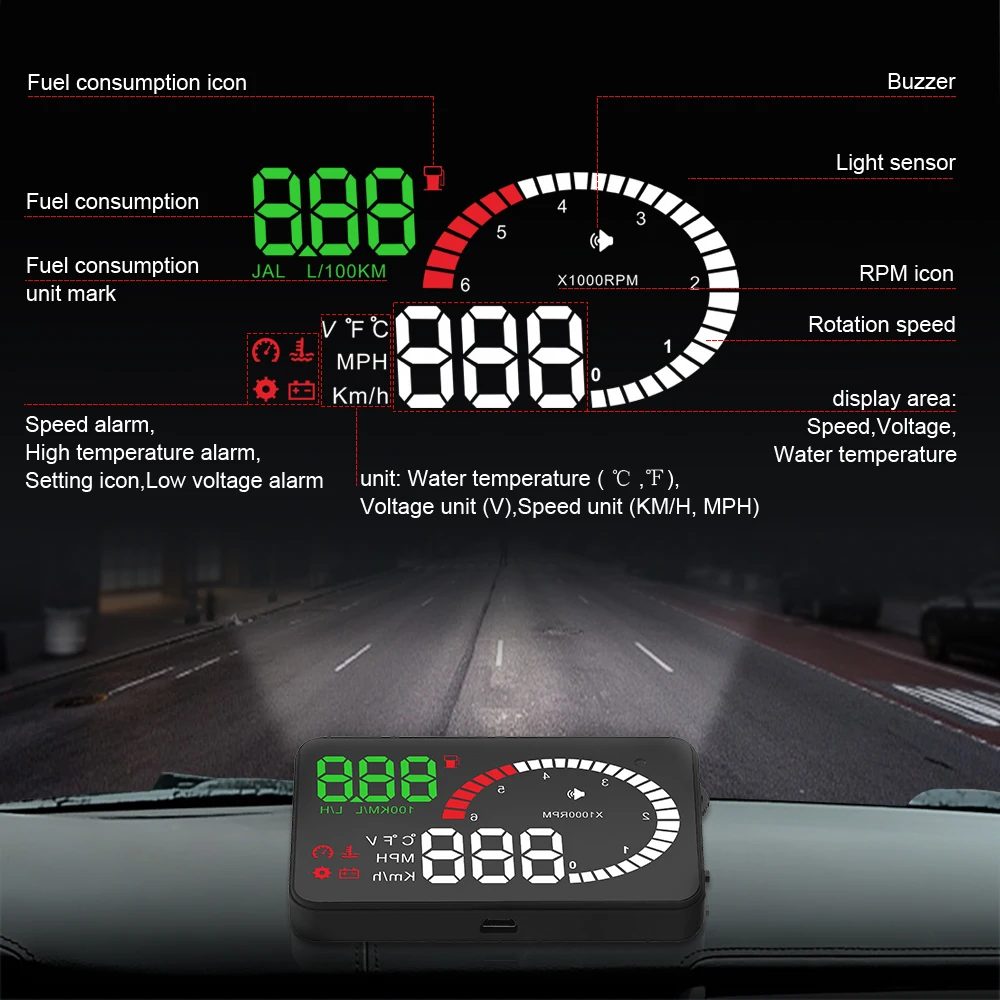 OBD2 HUD Автомобильный дисплей 3," светодиодный проектор на ветровом стекле OBD сканер скорости топлива Предупреждение сигнал тревоги данные диагностический инструмент