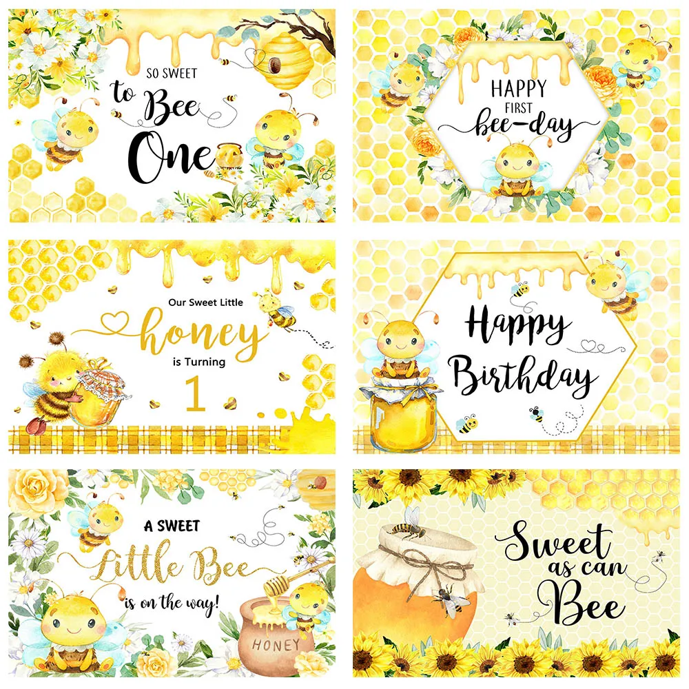 

Mocsicka Honey Bee Baby 1st Birthday Photography Backdrops Newborn Baby Shower Photo Background Yellow Banner Photophone Props