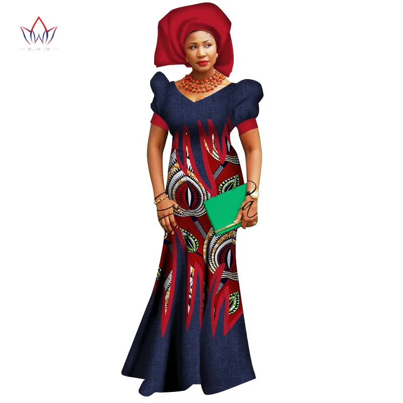 

2017 African Dresses for Women Bazin Riche Wax Print Patchwork Dress Private Custom Lantarn Sleeve Traditional Clothing WY2719