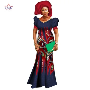

2017 African Dresses for Women Bazin Riche Wax Print Patchwork Dress Private Custom Lantarn Sleeve Traditional Clothing WY2719