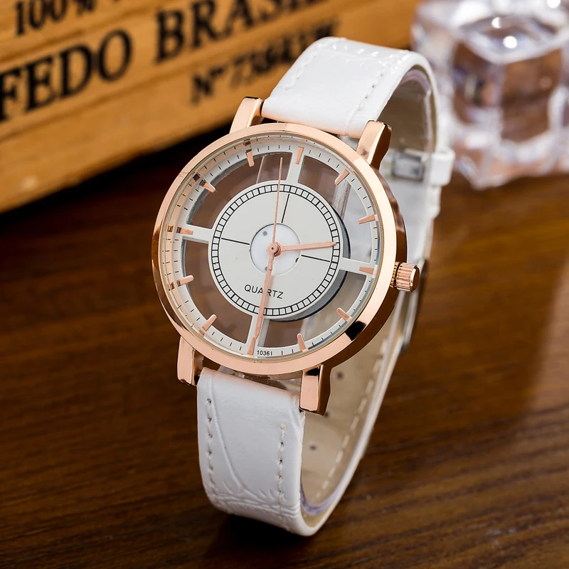 

Womage Fashion Women Watches Hollow Transparent Watches Leather Band Quartz Wristwatches Casual Ladies Watches Women Watch white