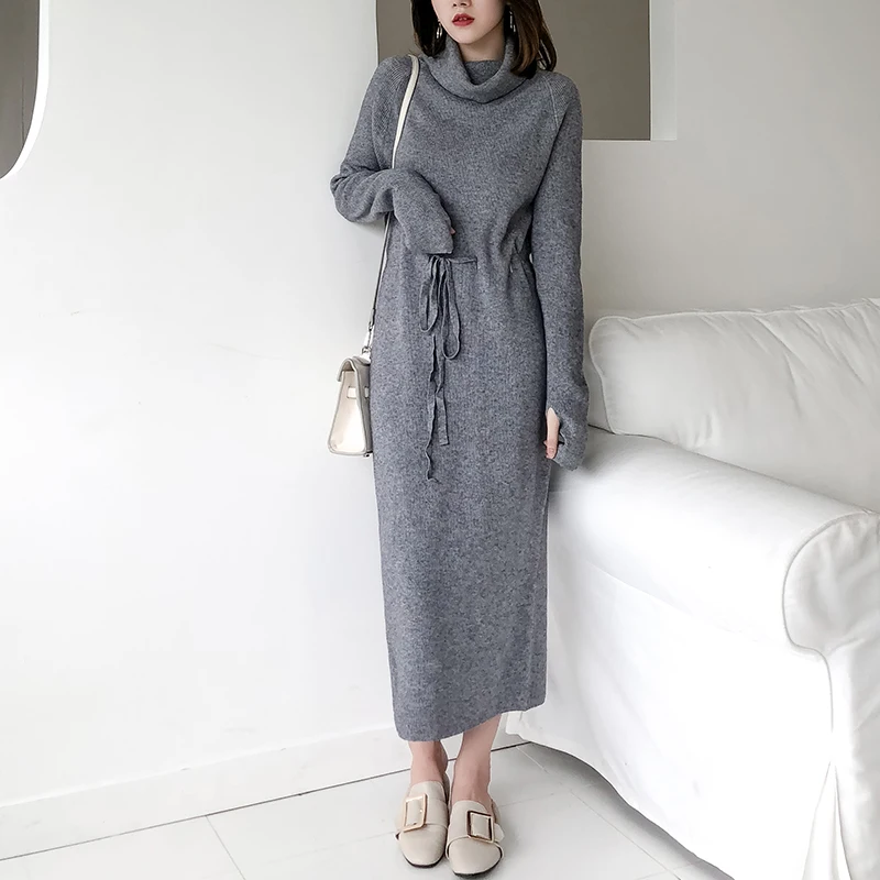 Robe,Robe longue à col roulé pour femmes, trou de pouce, à cordon, robe