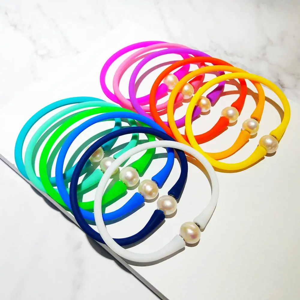 

Lily Jewelry Rainbow Color Rubber Pearl Bead Silicone Bracelet Casual Water proof for Mother's Friends Best Gift Bangle Bracelet