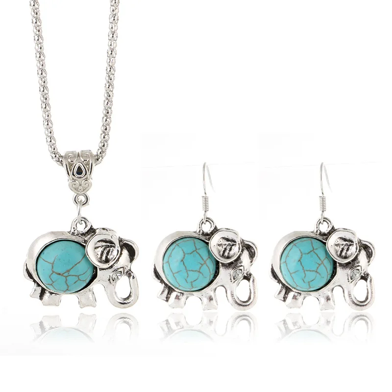 

BAO05 Fashion Jewelry Set Vintage Ethnic Mosaic Elephant Pendant Necklace Earring Set